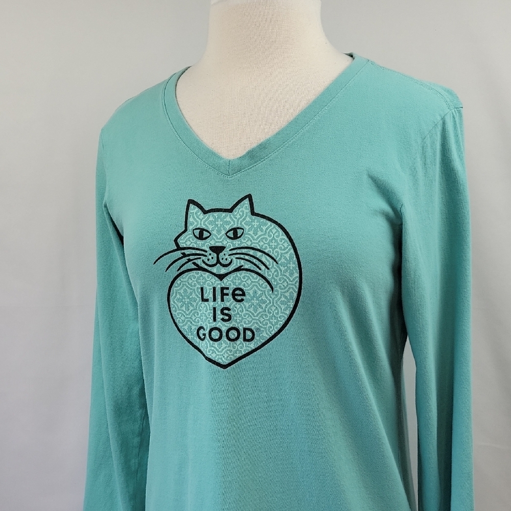 Life Is Good Curled Up Cat LS Graphic Tee Seafoam Size Small